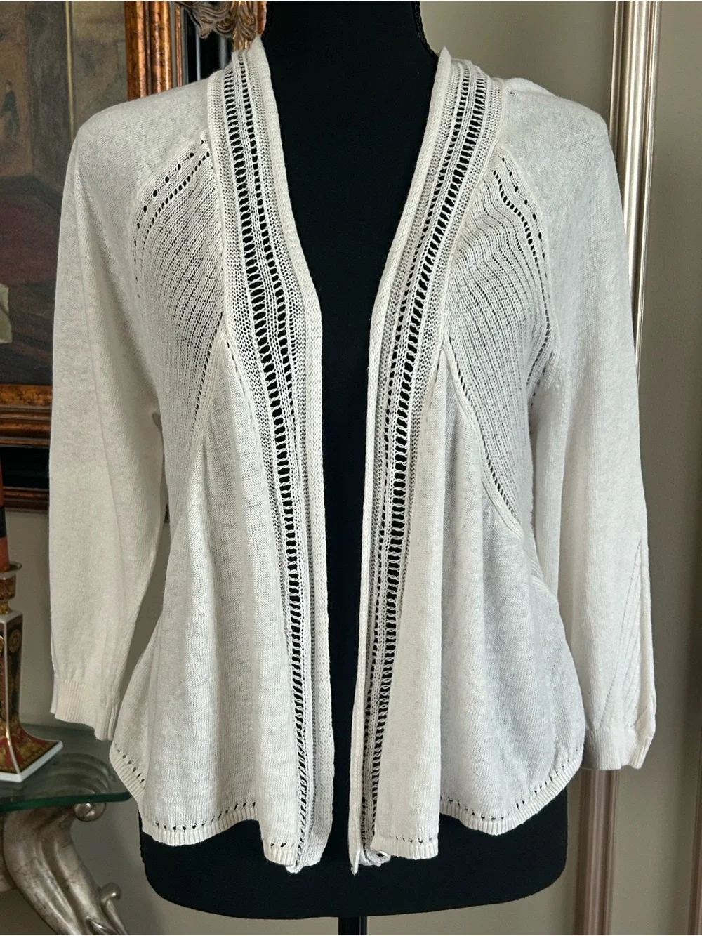 Knitted & Knotted Anthropologie Linen Cotton Open Front Cardigan Ivory Boho XL